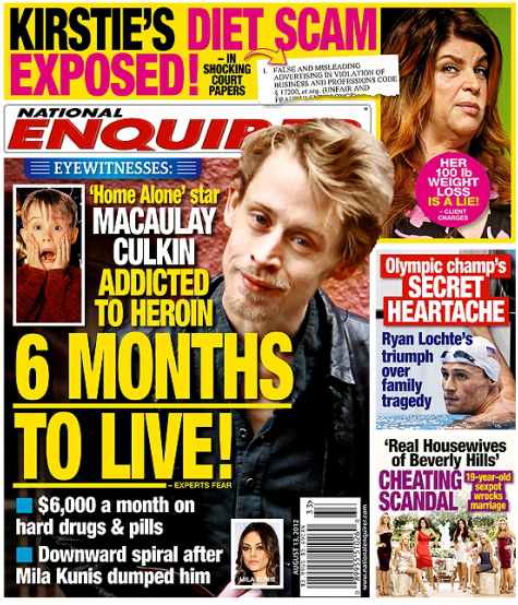 National Enquirer Macaulay Culkin is a heroin addict says the Enquirer